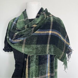 Vintage Green and Black Plaid Chenille Super Soft Cozy Fringe Winter Scarf